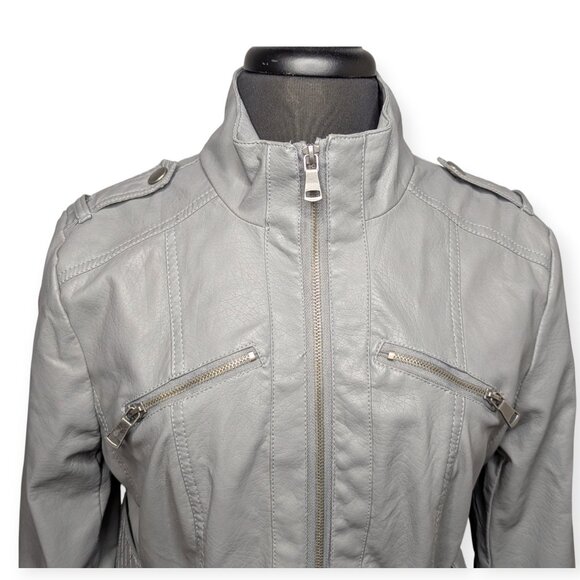 Last Kiss Faux Leather Chic Light Gray Belted Jacket Women's Size Large - Picture 2 of 14
